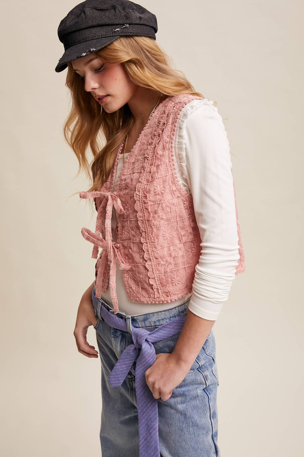 Embroidered Lace Tie-Front Vest