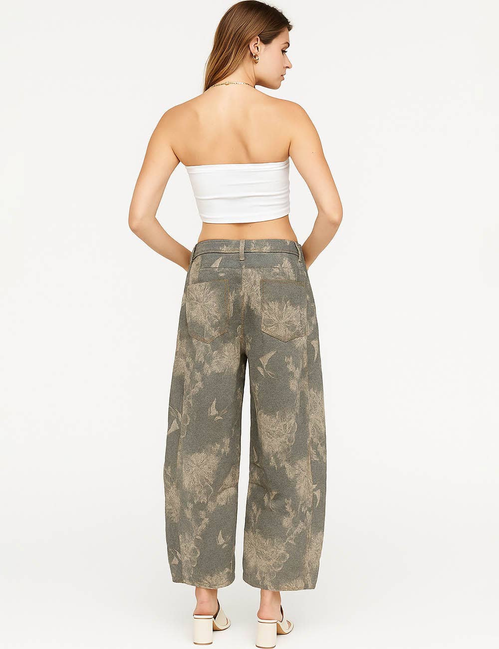 Block Print Floral Print Pocket Barrel Leg Jeans