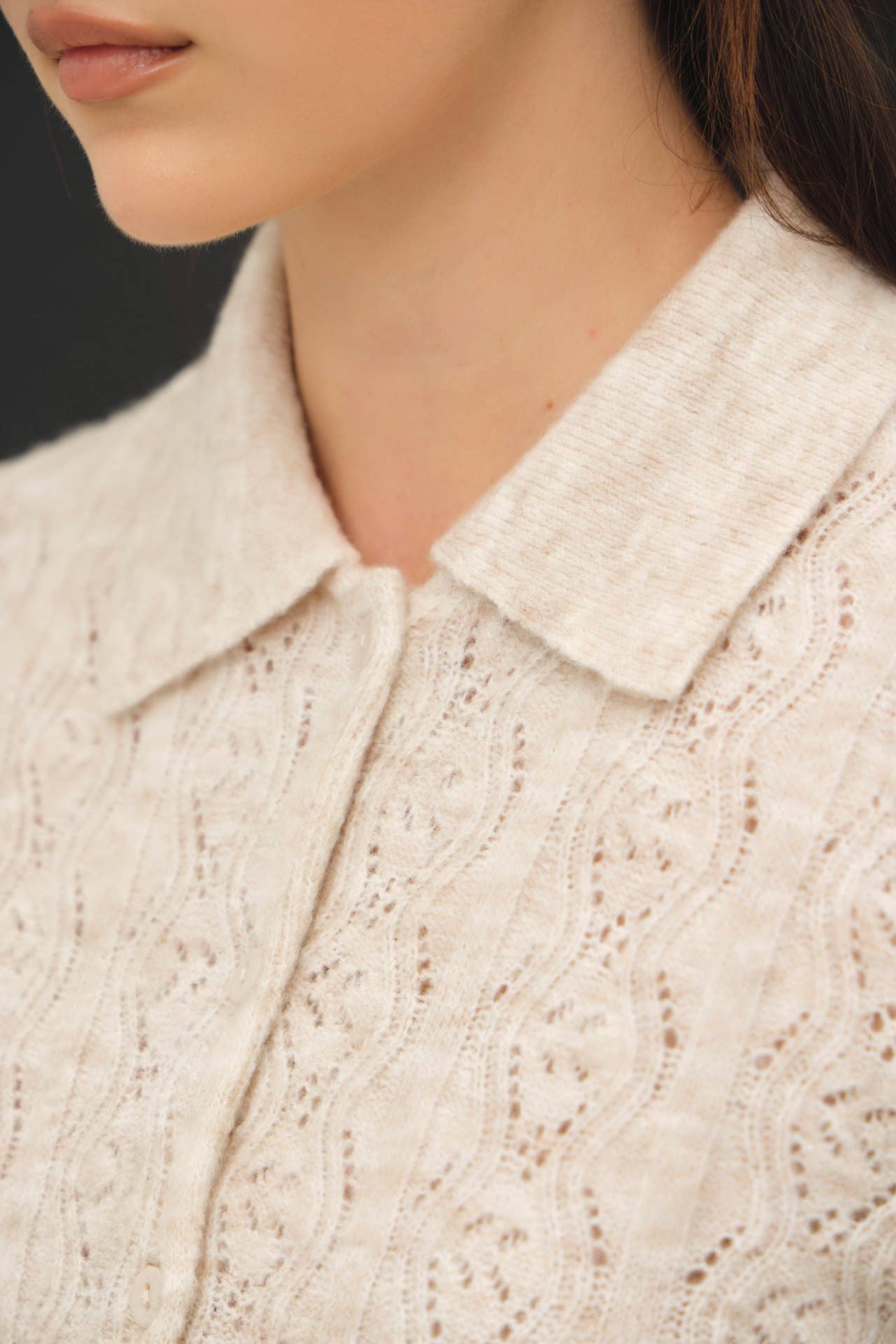 WOOL BLENDED POINTELLE POLO CARDIGAN