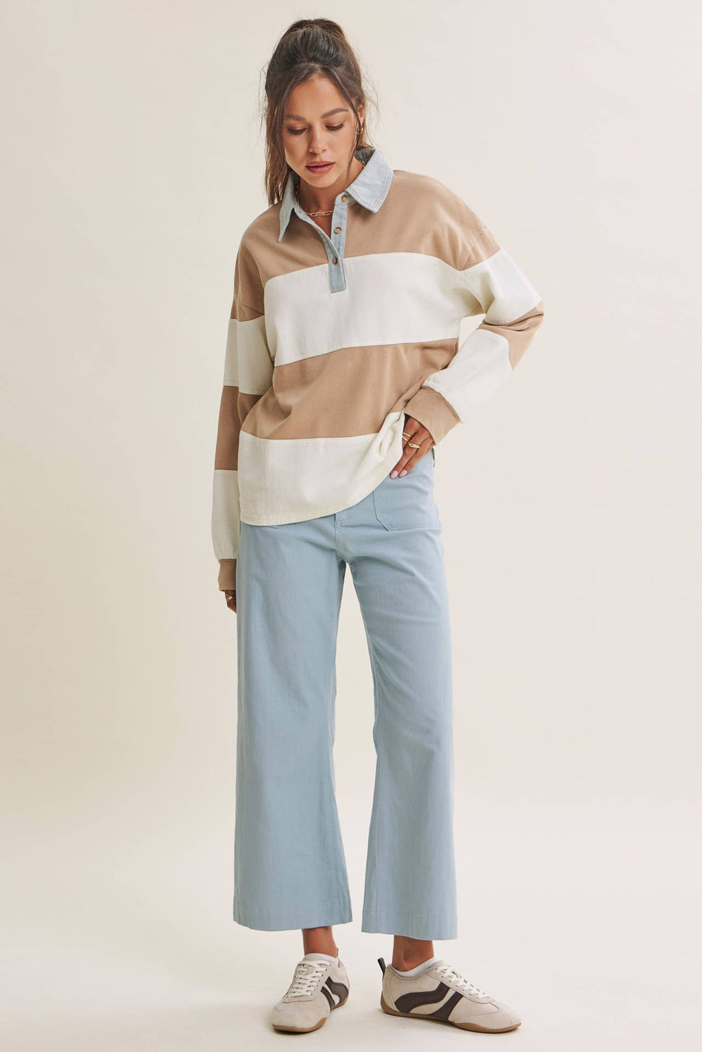 HERITAGE WEEKEND MINERAL-WASHED TWILL TERRY MIXED RUGBY TOP