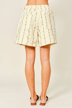 FLOWER EMBROIDERED FLARE SHORTS WITH DRAWSTRING WAIS