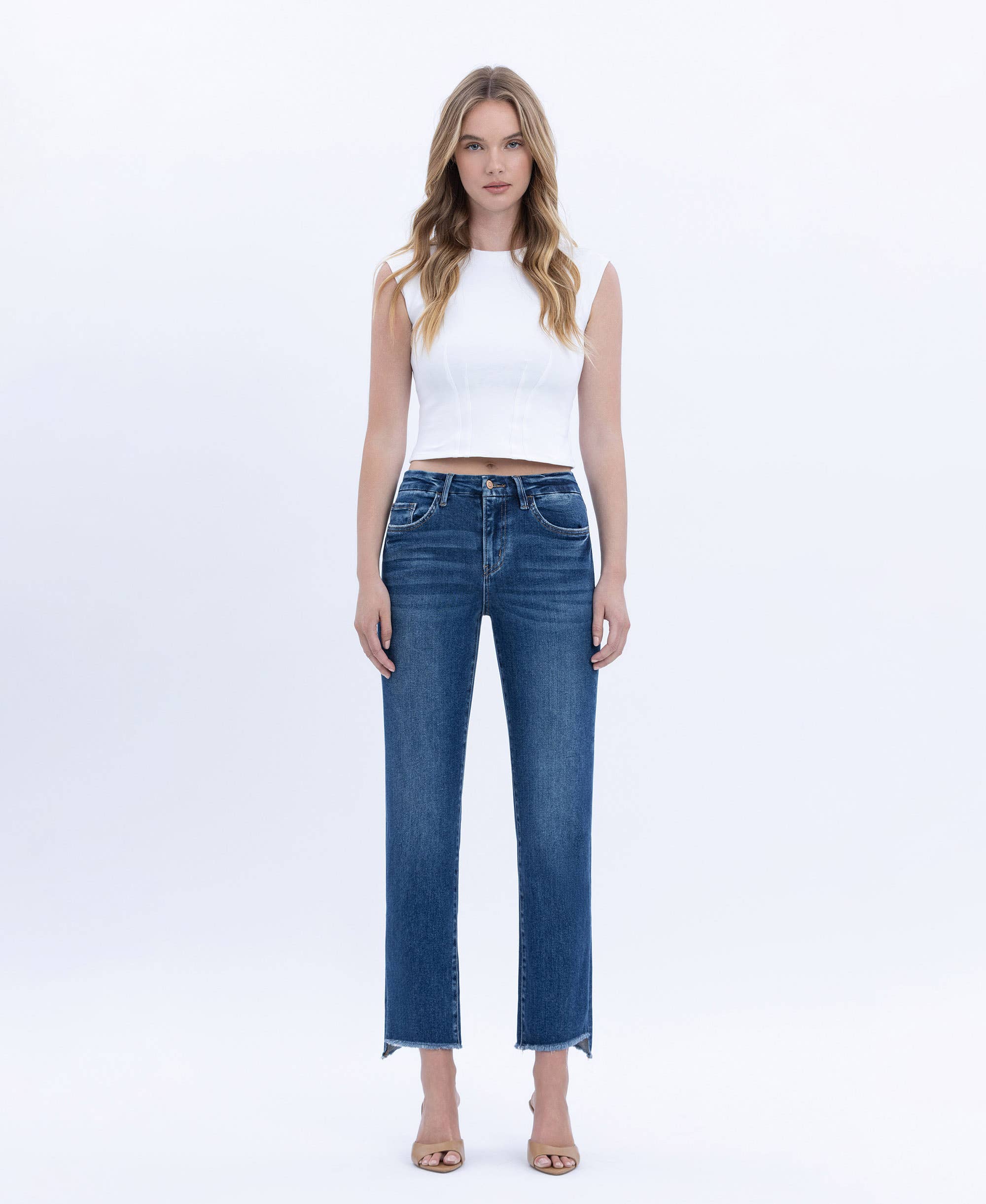 HIGH RISE RAW SLANT HEM SLIM STRAIGHT JEANS