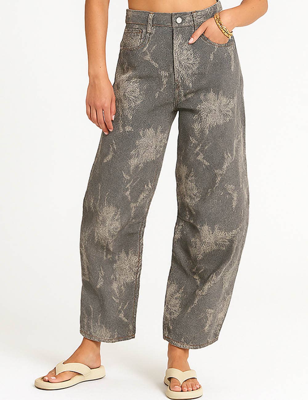Block Print Floral Print Pocket Barrel Leg Jeans