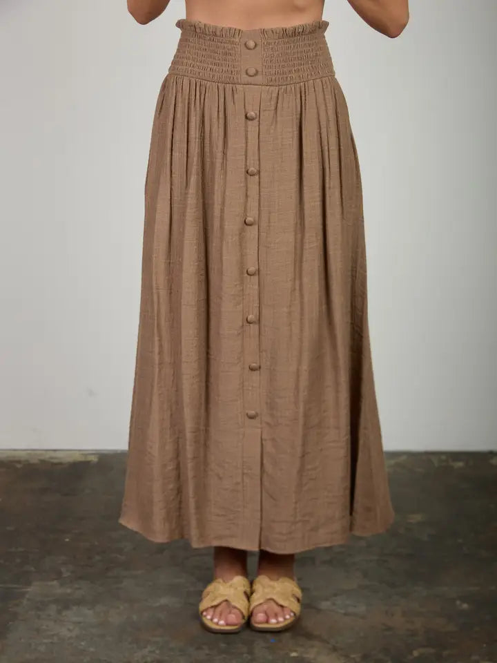 Smocked Waist Ruffle Button Down Skirt