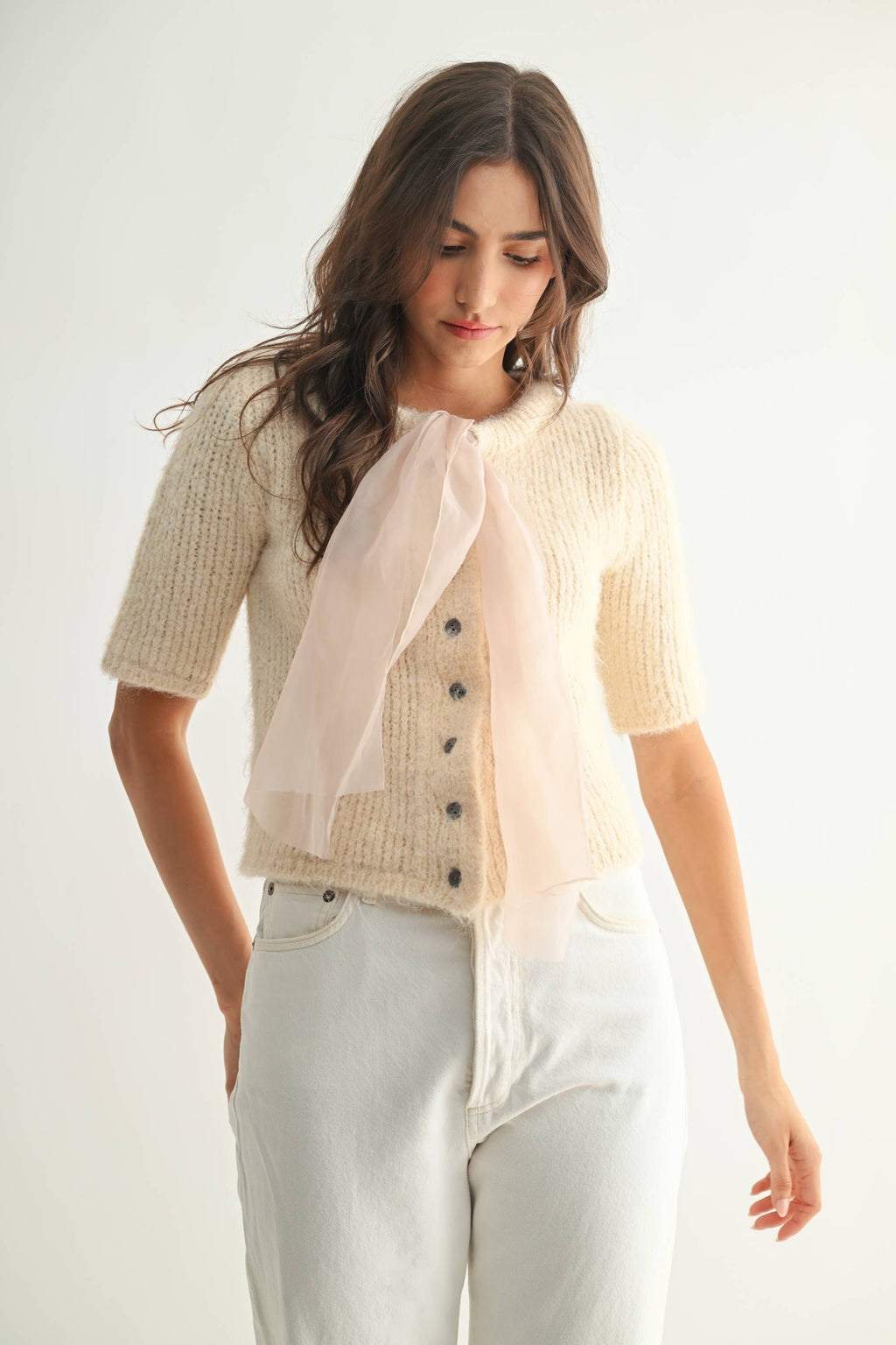 Knit Cardigan with Chiffon Bow