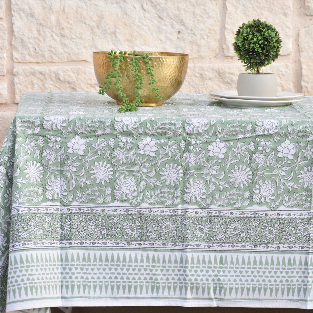 Sage Meadow - Handblock Print Cotton Tablecloth