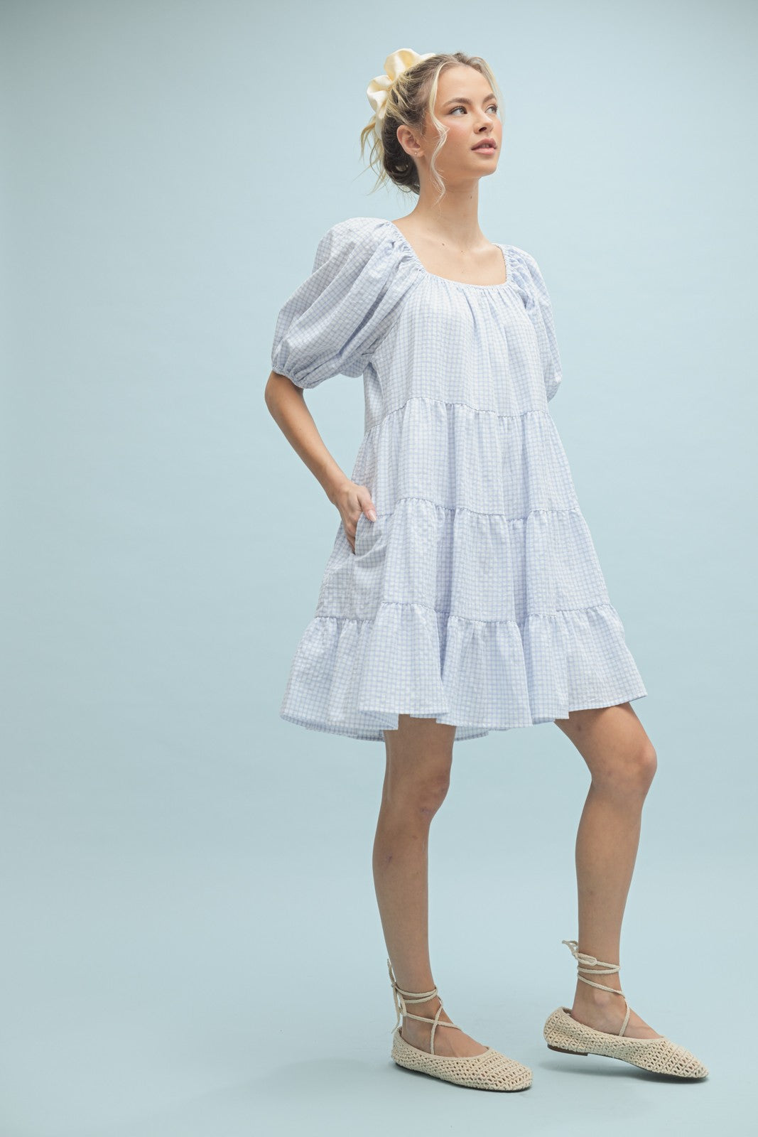 Plaid Puff Sleeve Tiered Mini Dress