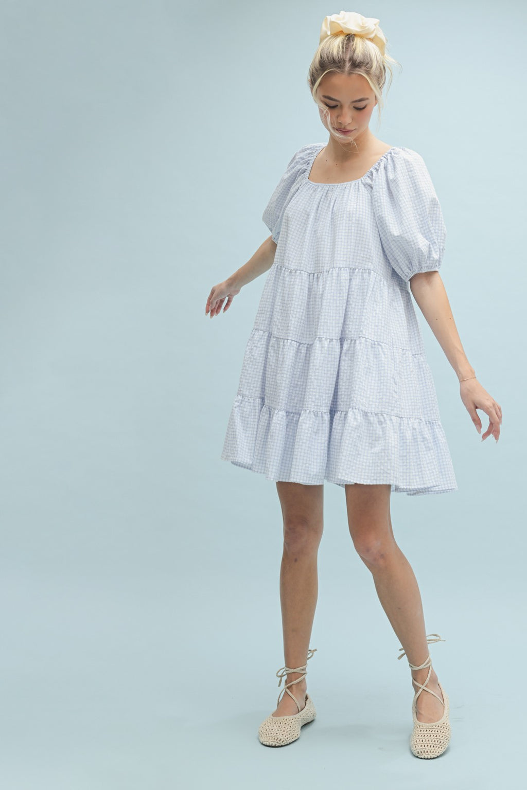 Plaid Puff Sleeve Tiered Mini Dress