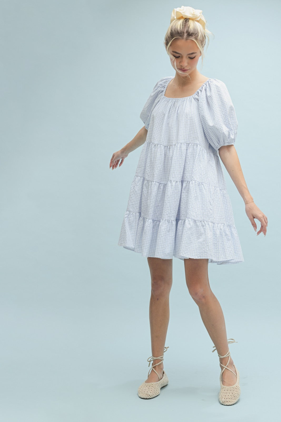 Plaid Puff Sleeve Tiered Mini Dress