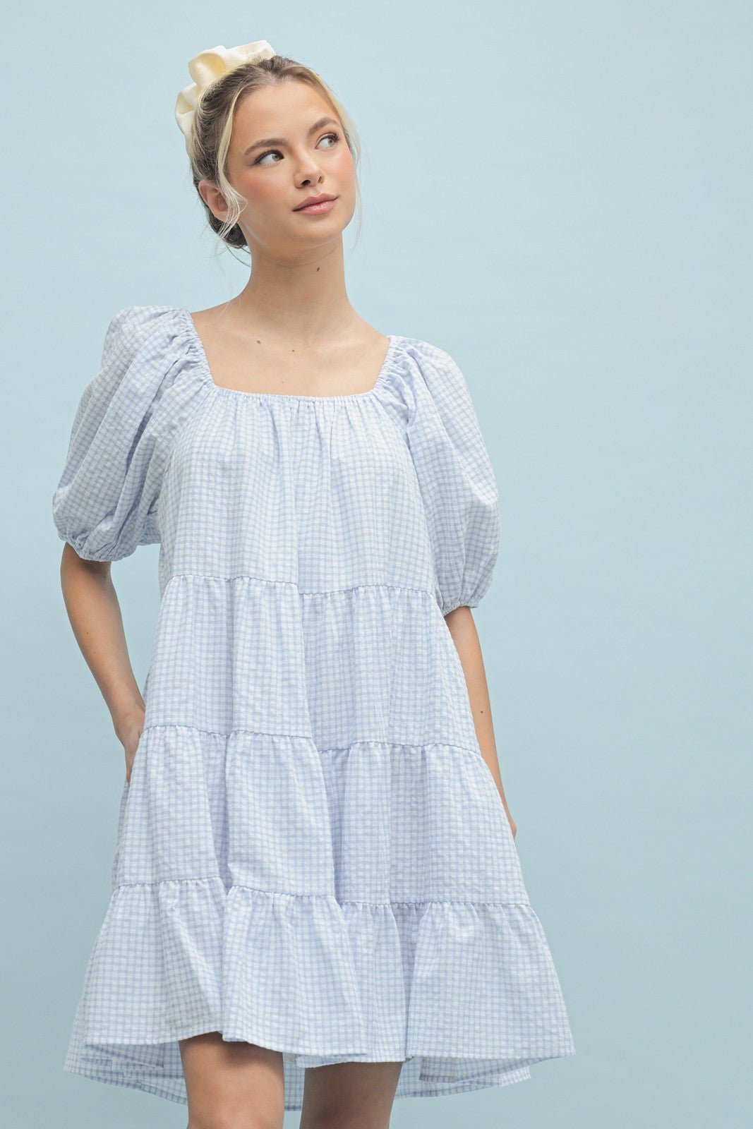Plaid Puff Sleeve Tiered Mini Dress