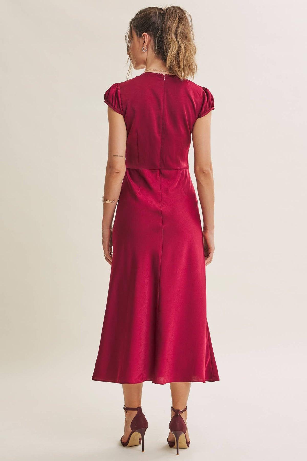 GRACEFUL DRAPE BIAS CUT SILKY SATIN LACE MIDI DRESS