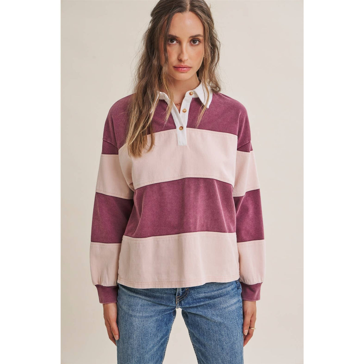 HERITAGE WEEKEND MINERAL-WASHED TWILL TERRY MIXED RUGBY TOP