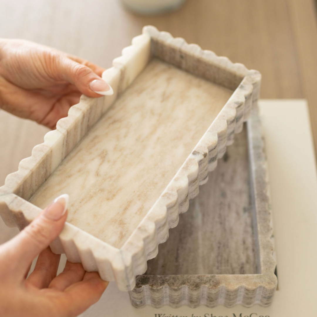 Scalloped Marble Fluted Bridge Tray Beige Gray