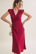 GRACEFUL DRAPE BIAS CUT SILKY SATIN LACE MIDI DRESS