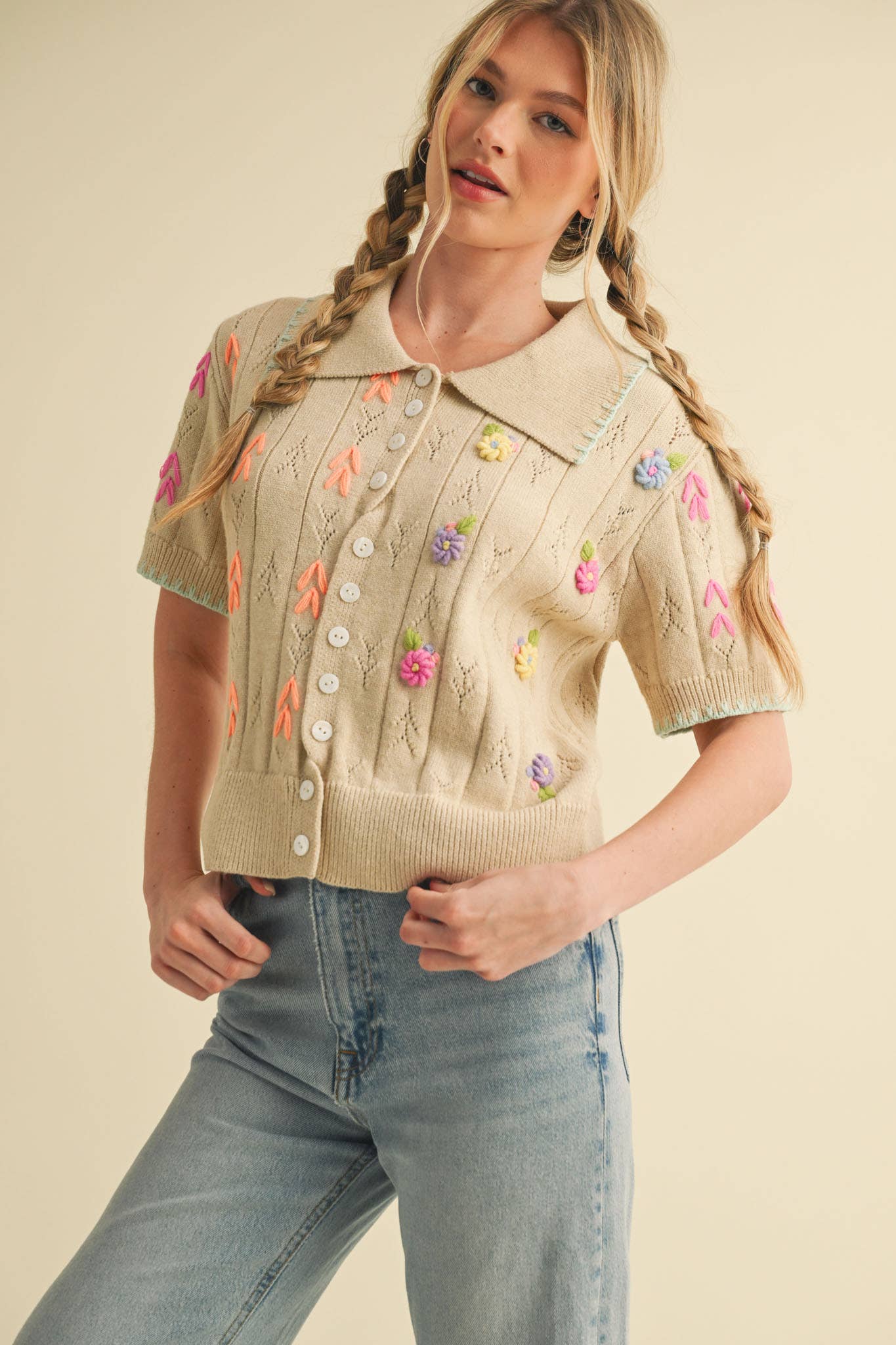 Hand Embroidered Button Down Sweater