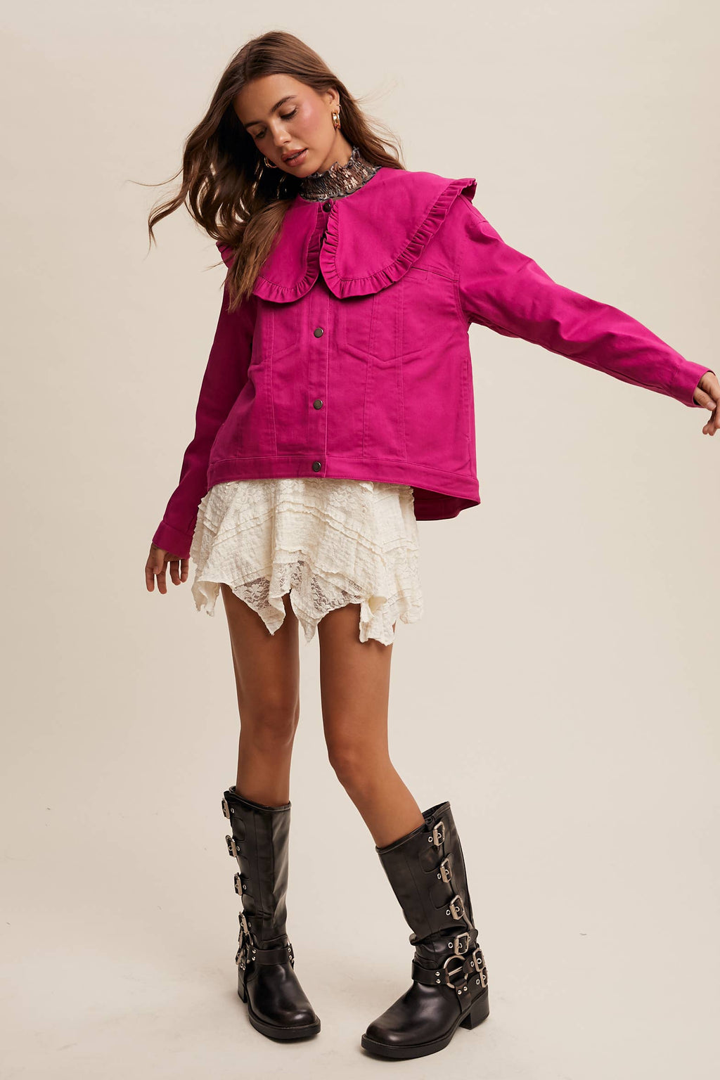 Ruffled Collar Denim Jacket