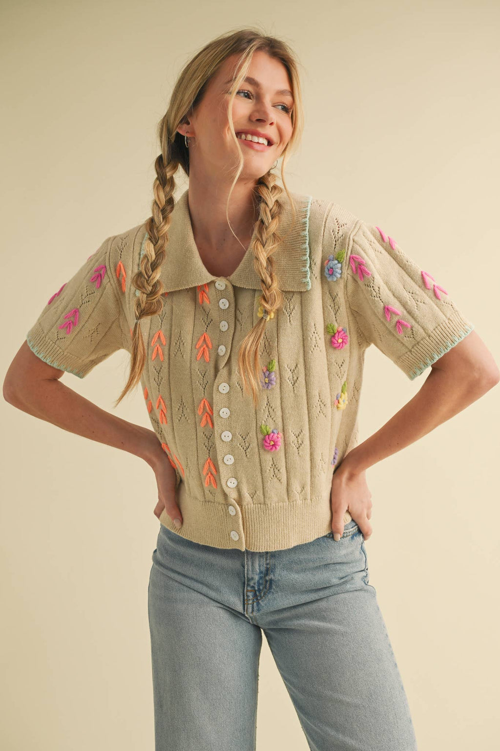 Hand Embroidered Button Down Sweater