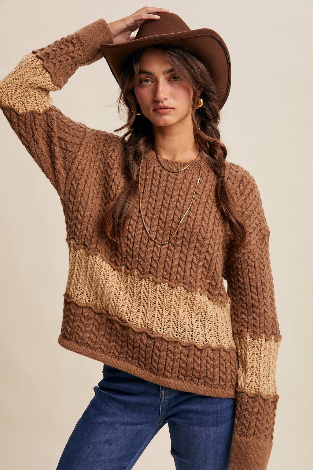 Colorblock Cable Knit Sweater