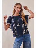 Embroidered Lace-Trim Flutter Sleeve Top