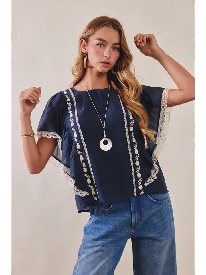 Embroidered Lace-Trim Flutter Sleeve Top