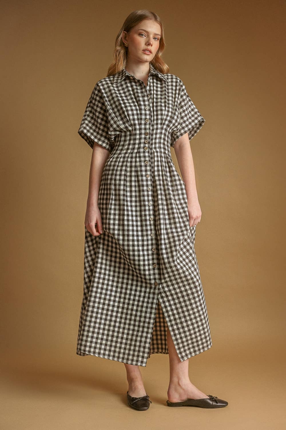 GINGHAM PATTERN BUTTON DOWN SHIRT DRESS