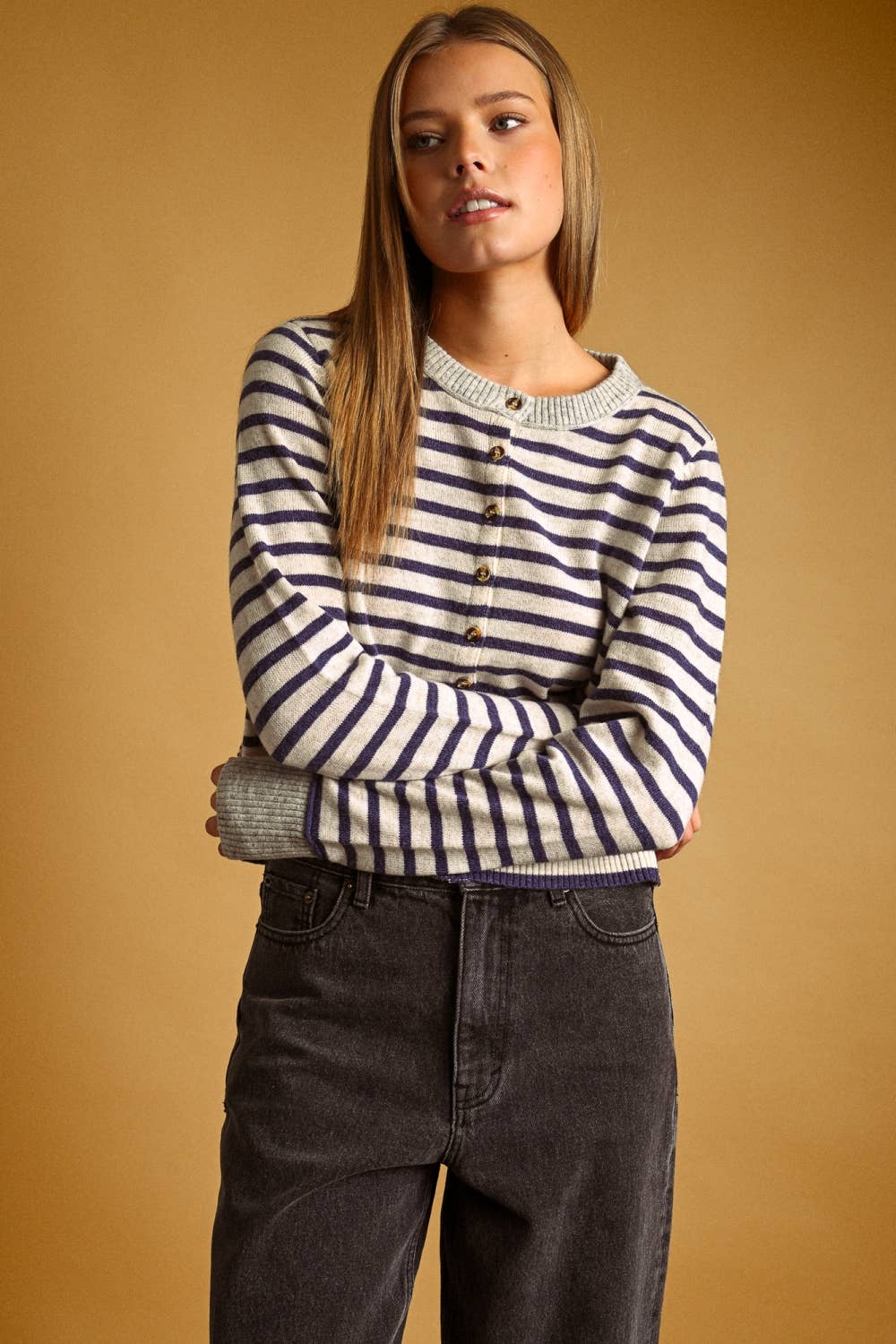 STRIPED PATTERN BUTTON FRONT CARDIGAN