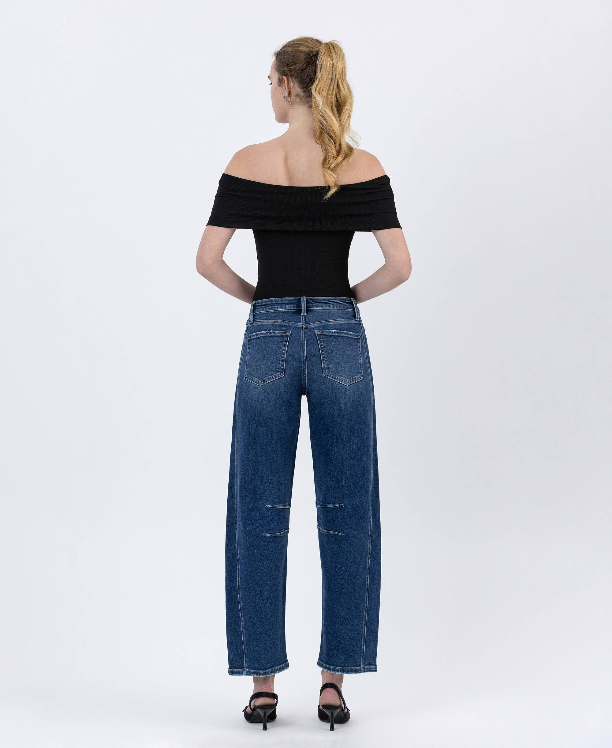 HIGH RISE DARK WASH BARREL LEG JEANS