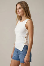ASYMMETRICAL BUTTON DETAIL BOAT NECK TANK TOP