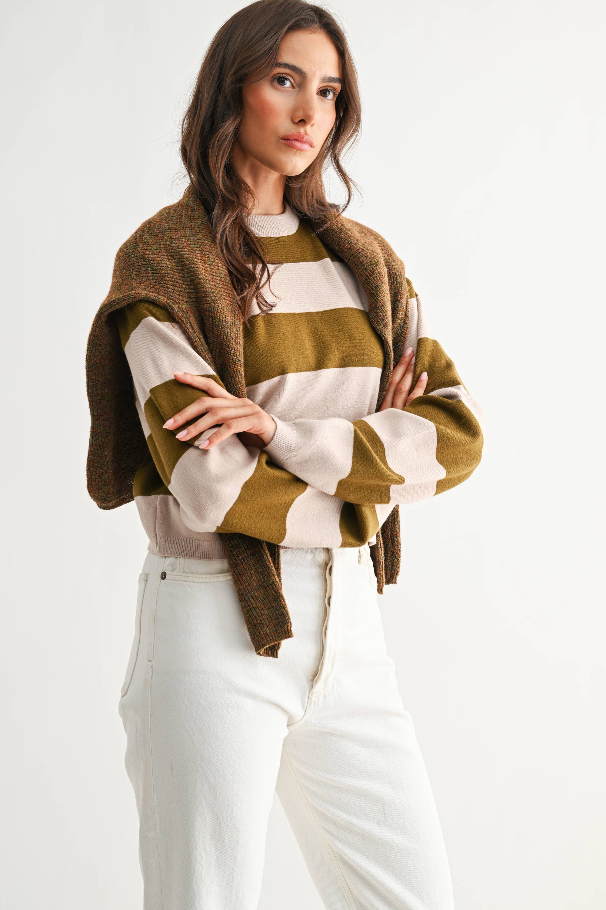 TAUPE AND OLIVE BOLD STRIPE SWATER