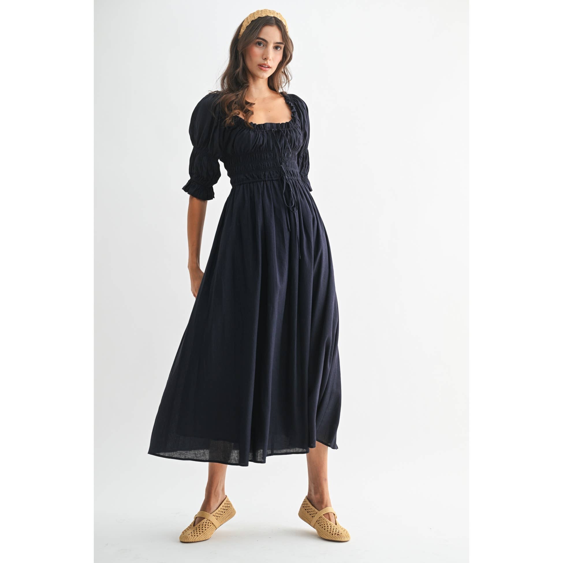 Smocked Midi Dress with Pleated Skirt