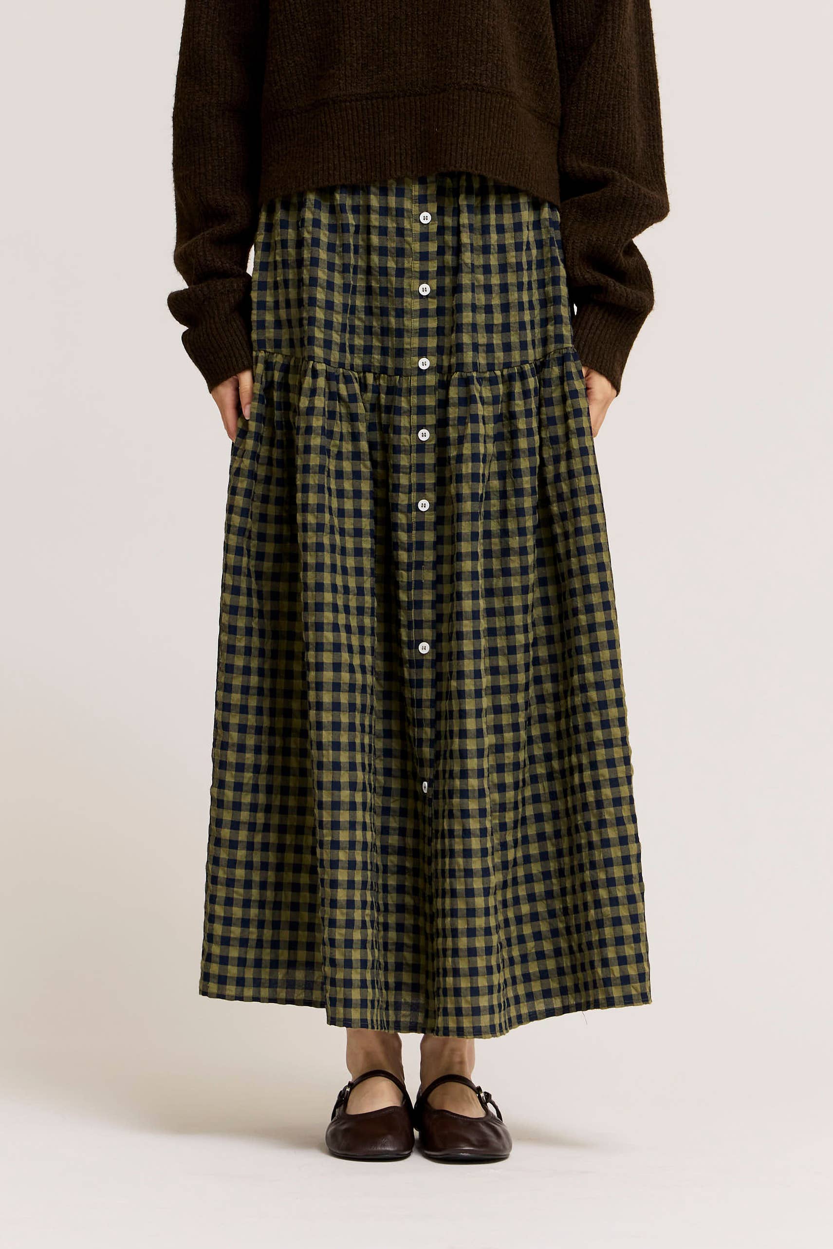 FRONT BUTTON CHECK SKIRT