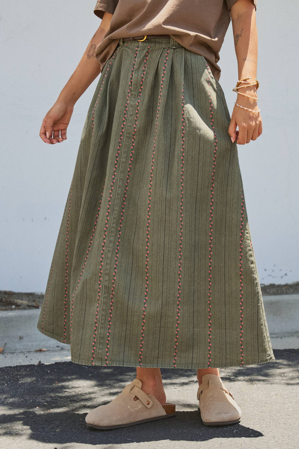 Embroidered Cotton Twill Belted Midi Skirt