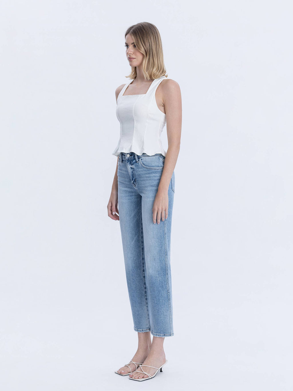 HIGH RISE MEDIUM LIGHT WASH ANKLE STRAIGHT JEANS