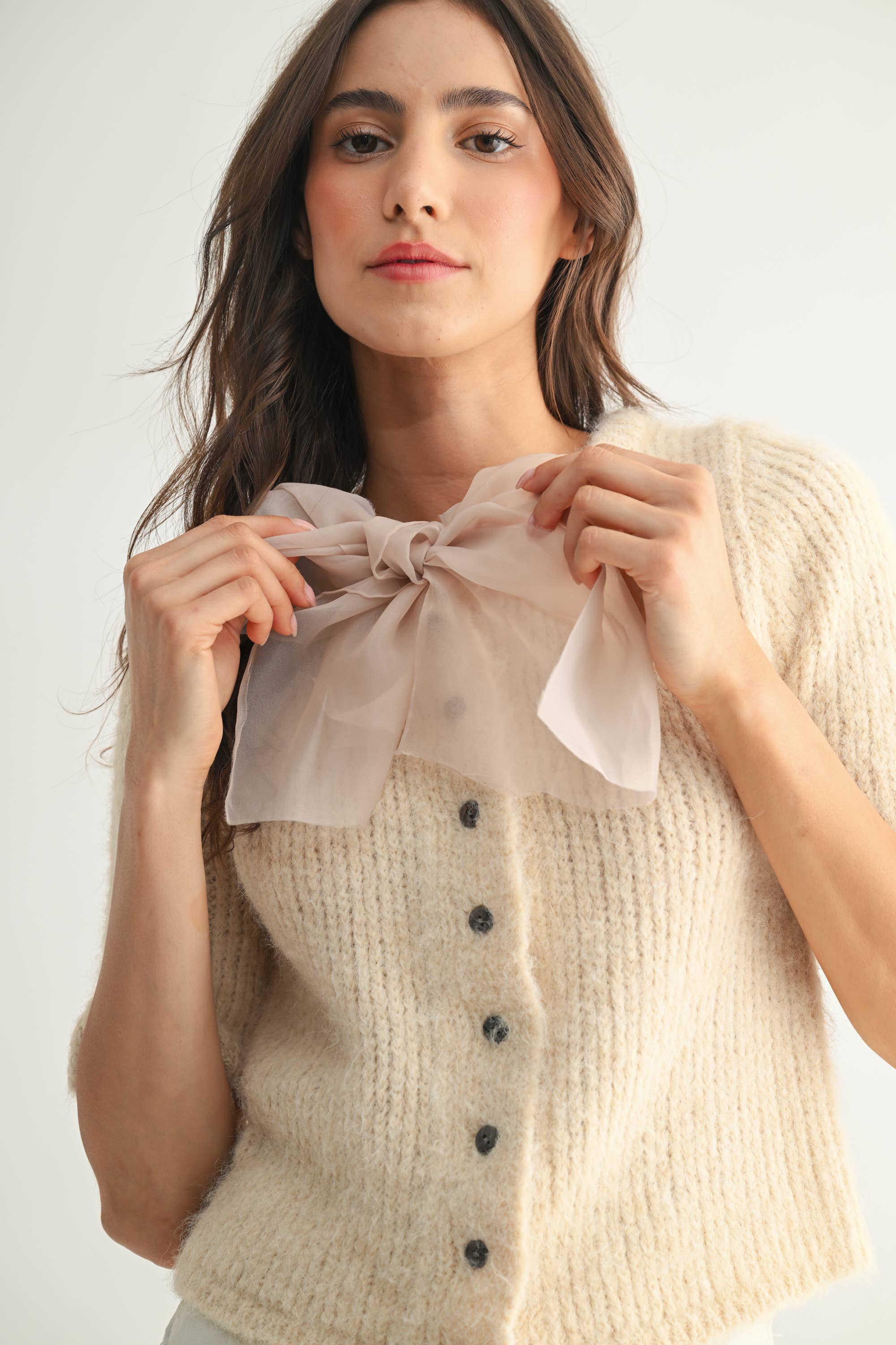 Knit Cardigan with Chiffon Bow