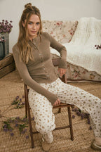 BUTTON FRONT ROUND NECK LONG SLEEVE KNIT TOP