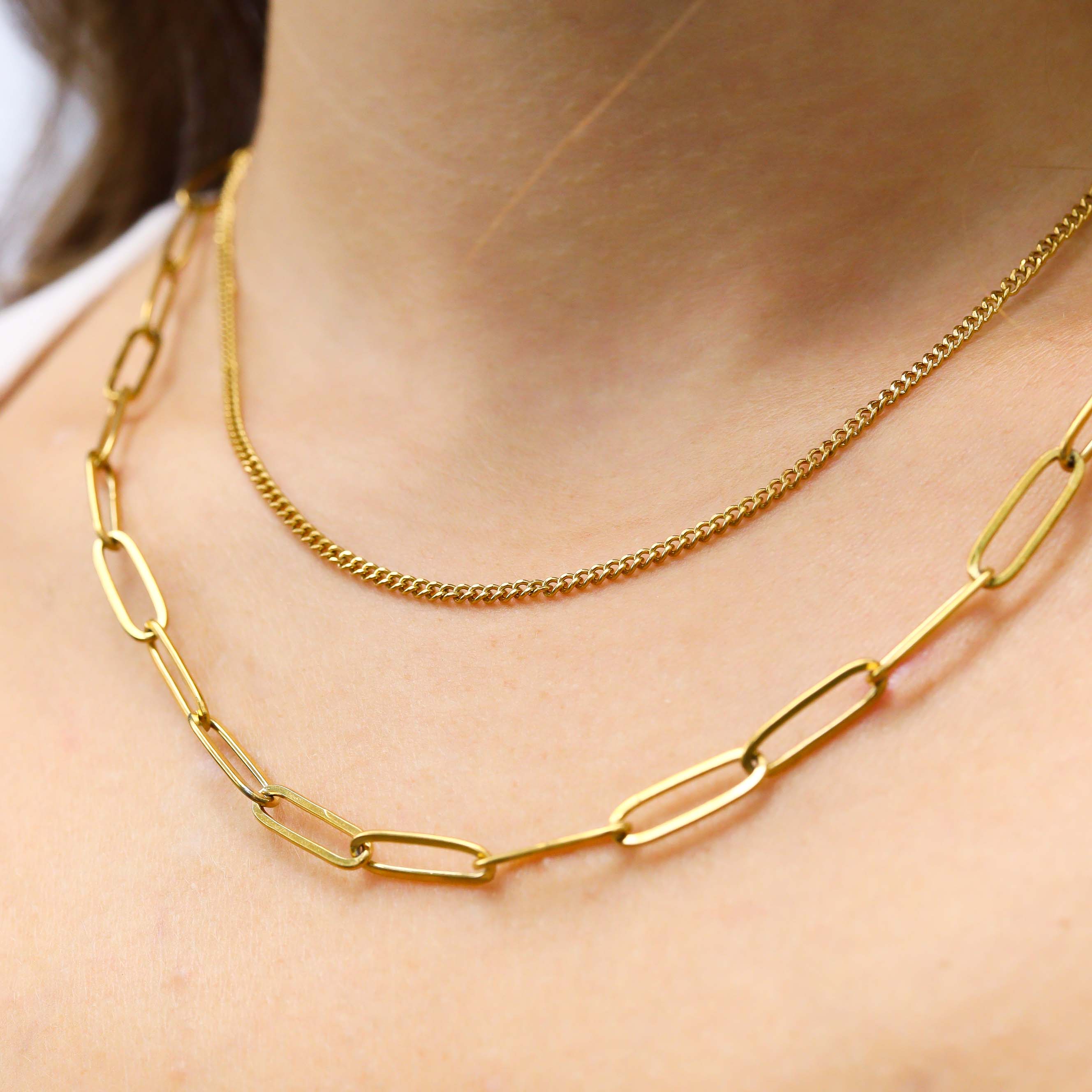 18K Gold Paperclip Layered Chain Necklace
