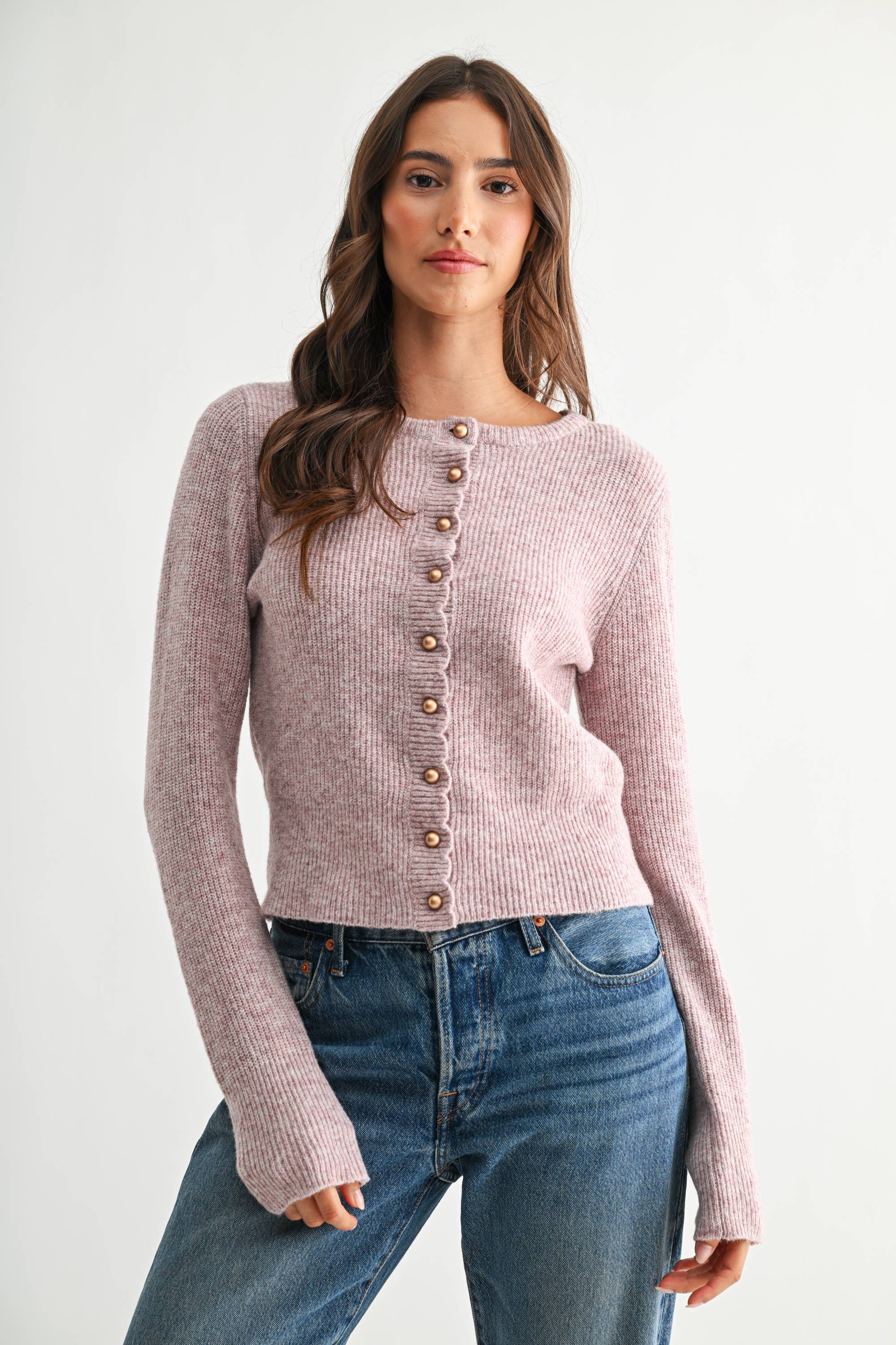 Pearl Button Ribbed Knit Cardigan
