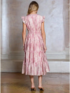 Printed Embroidered Tiered Midi DresS