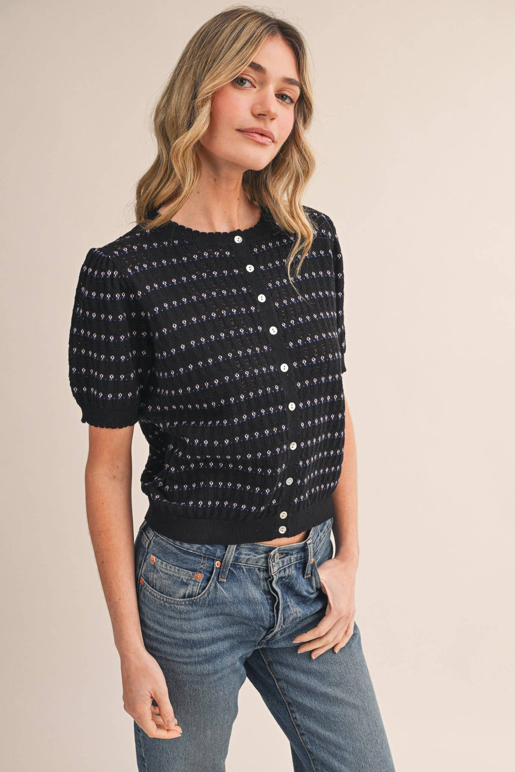 POINTELLE SHORT PUFF SLEEVE BUTTON DOWN SWEATER