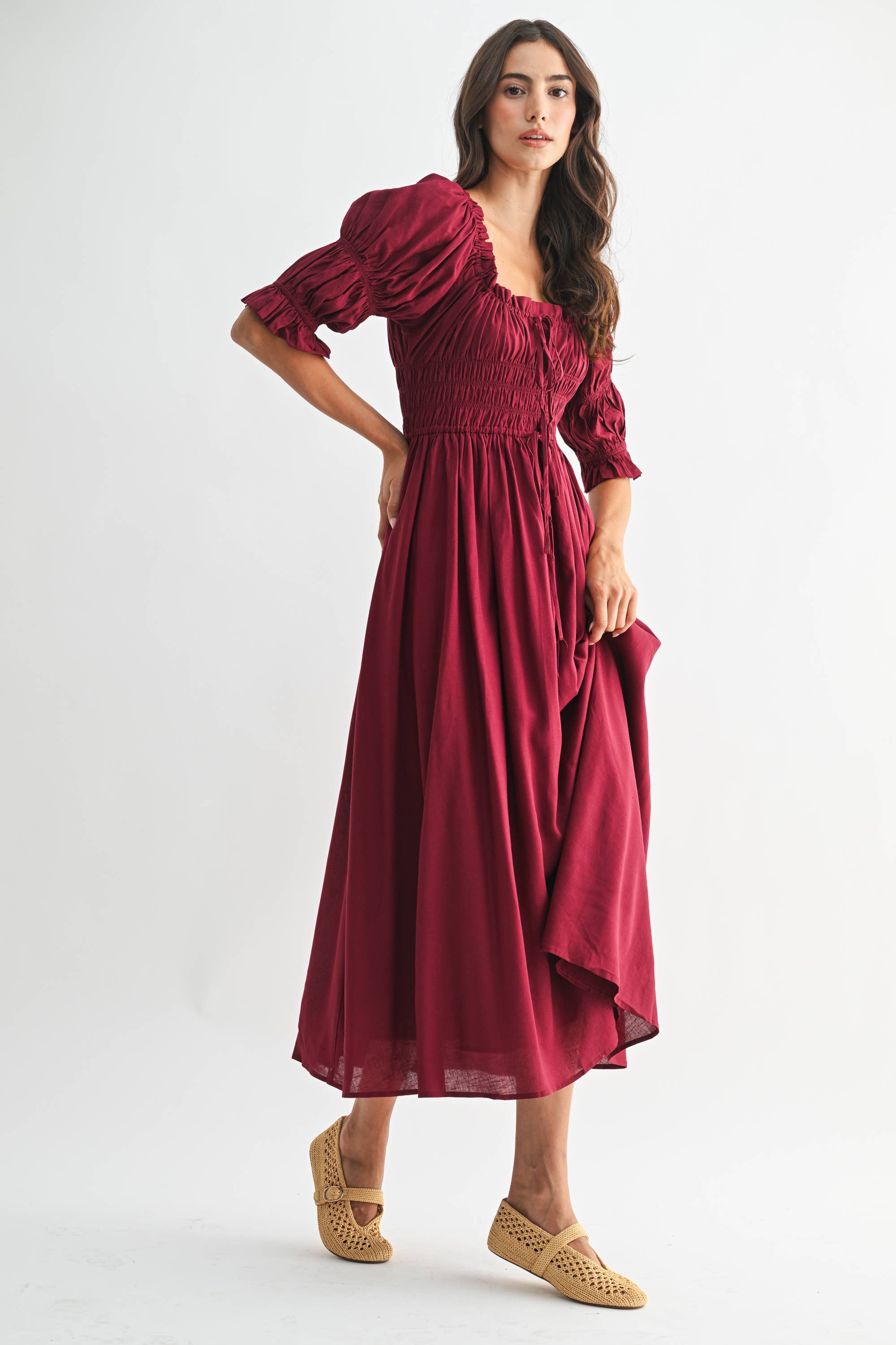 Smocked Midi Dress with Pleated Skirt