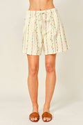 FLOWER EMBROIDERED FLARE SHORTS WITH DRAWSTRING WAIS