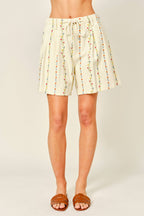 FLOWER EMBROIDERED FLARE SHORTS WITH DRAWSTRING WAIS