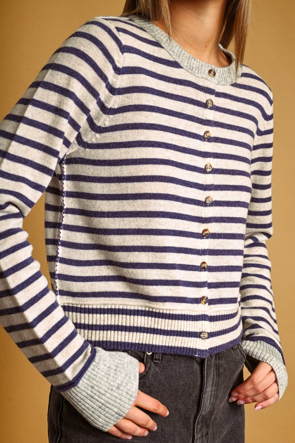 STRIPED PATTERN BUTTON FRONT CARDIGAN