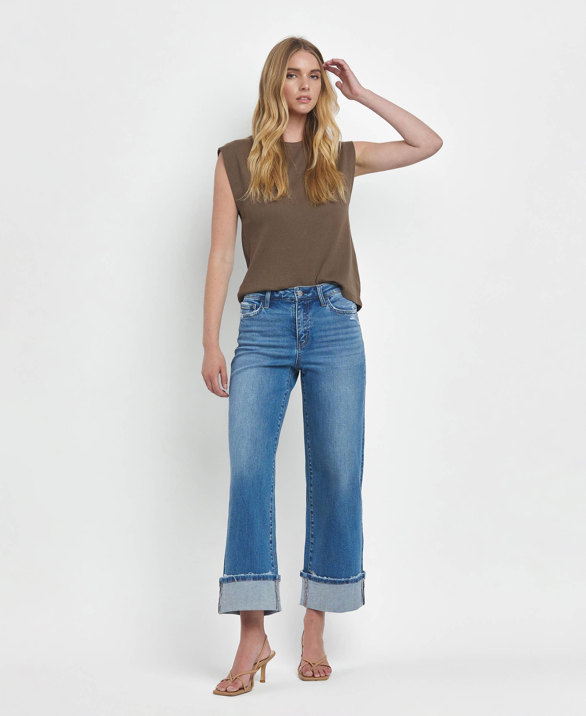HIGH RISE MEDIUM WASH CUFFED WIDE JEANS