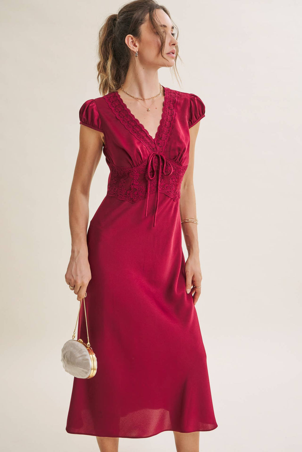 GRACEFUL DRAPE BIAS CUT SILKY SATIN LACE MIDI DRESS