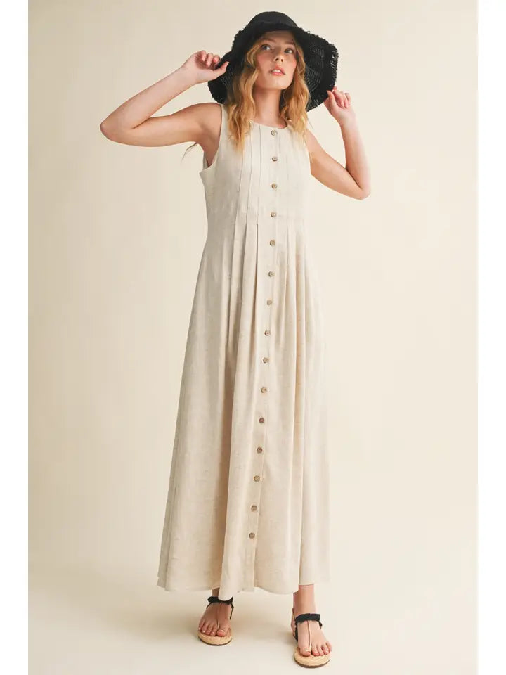 Pleated Detail Button Front Linen Dress
