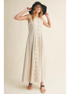 Pleated Detail Button Front Linen Dress