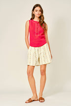 FLOWER EMBROIDERED FLARE SHORTS WITH DRAWSTRING WAIS