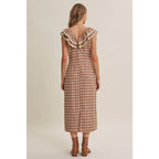AUTUMN HARVEST RUFFLED PLAID BODY SKIMMING SLIT MIDI DRESS