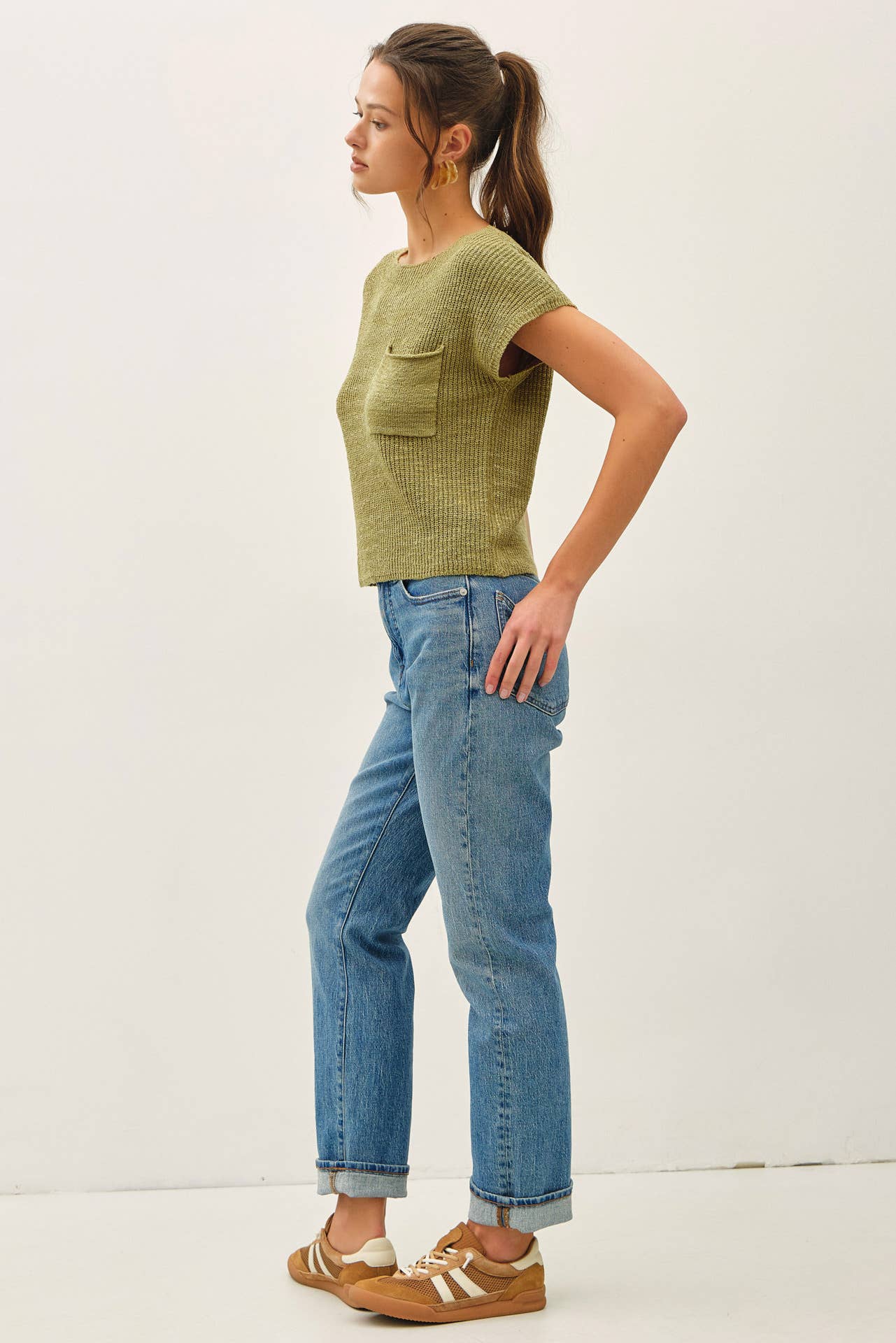 PATCH POCKET DOLMAN CAP SLEEVE BOXY KNIT